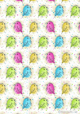 Image shows a pattern of cute and sketchy spring green, pink yellow and blue birds on a background textured with splashes in the same colours and pale cream and white ground