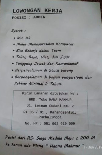 Lowongan Kerja Toko Hana Makmur Purbalingga