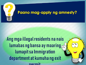 Filed under the category of Abu Dhabi, Al Ain, consulates, Crackdown, Dubai, Embassies, Emirati population, EXPATRIATES, Filipinos in the UAE, illegal residency, illegal residents, ofw, overseas Filipinos workers, United Arab Emirates  There are almost 700,000 overseas Filipinos workers (OFW) living in the United Arab Emirates (UAE), 450,000 of which live in Dubai comprising 21.3% of the total population of Dubai. It is the largest population of Filipinos in the UAE, followed by Abu Dhabi and Al Ain. OFWs in the UAE sent over US$500 million in remittances to the Philippines. The UAE is home to over 200 nationalities. Emirati population is only about 20% of the total population.   To address illegal residency issues, the UAE government is giving amnesty to the expatriates, giving them a chance to correct their residency status before the anticipated crackdown on illegal residents. The amnesty 3-month amnesty period will begin on August 1 until October 31 this year.  Embassies and various consulates representing the expatriates are also expected to coordinate with its nationals during the amnesty period.  Advertisement         Sponsored Links         Expatriates who are staying illegally in the UAE are encouraged to apply for the amnesty. For more information and guidance about what the amnesty is all about and how to avail of it, please check out these useful questions and answers concerning the amnesty to be given to the expats who have issues with their residency in the Gulf state.  1. What is the duration of the amnesty?  Residents can avail of the amnesty for three months from August 1 to October 31  2. Who are the people eligible for amnesty?  The individuals who are staying illegally in the country can apply for amnesty.  3.  What are the two options available for illegal residents under amnesty? Those who wish to exit the country can go back to their home countries without paying fines or facing a jail term. Or individuals can regularise their status by getting a new visa under a sponsor.  4.  Will those who entered the country illegally be given amnesty?  Yes. But they will exit the country with a two-year ban.  5. Will there be a permanent ban on reentering the UAE for those who avail of amnesty?  No. There will be no ban, and people can re-enter the country on valid visas.  6.  Will the applicant have to pay to overstay fines before modifying their illegal status?  No. Applicants of amnesty will get a waiver on all overstaying fines.  7. What kind of violations will not fall under the amnesty scheme? People who have been blacklisted and also those who have legal cases against them are not eligible for amnesty. All residency violations will fall under the amnesty scheme.  8. Can those who have an absconding report against them apply for amnesty?  Yes, Immigration authorities will remove the absconding report and issue exit permit without a ban.  9. Can applicants who modify their status apply for jobs in the UAE? A: Yes. Applicants can register in the virtual job market available on the website of the Ministry of Human Resources and Emiratisation  10. How long can those who modified their residency status stay in the country to look for jobs? A: People looking for jobs can obtain a six-month temporary visa to look for employment.  11. How can residents apply for amnesty?  A: Illegal residents wishing to exit the country can approach the Immigration department and get an exit permit.  12. What are the documents residents need to submit? A: Residents need to submit the original passport or EC (emergency certificate). They also need to submit an air ticket along with the application.  13. What is the fee for applying for exit permit? A: A fee of AED220 is charged on the exit permit.  14. What is the fee for modifying residency status? A: A fee of AED500 is charged.  15. Can residents without passports apply for amnesty? A: Yes, Residents without passports can also apply.  16. What is the time period to exit the country after getting the exit pass? A: Individuals have to exit within 10 days of getting the exit pass.  17. How can those who cannot come to the Immigration apply for amnesty? A: Immigration will issue exit permits based on medical reports or letter from the embassy or consulate.  18. How many amnesty service centers have authorities established across the UAE? A: A total of nine centers have been established at the centers of the General Directorates of Residency and Foreign Affairs across the UAE.  19. Where are the centers in Abu Dhabi located? A: Al Ain, Shahama, and Al Garbia  20. Where can people submit their documents in Dubai? A: At Al Aweer Immigration center  21. What is the location for other emirates? A: The amnesty centers are located at the Immigration Offices in the emirates.  22. What are the timings for the centers? A: The amnesty service centers will open from 8am to 8pm.  Families coming from war-torn countries like Syria and Yemen will be granted a one-year residence visa without restrictions attached.    Meanwhile, a social media post from the Philippine Embassy in the UAE said that for the OFWs who wish to be repatriated to the Philippines, the Philippine government will shoulder their one-way plane ticket and other fees.   However, the embassy clarifies that it is only applied to only those who are willing to go back home.  For more information regarding the details of the amnesty, keep in touch with  Philippine Embassy in Abu Dhabi or send an email to atn.abudhabi@gmail.com    For those who are in Dubai and the Northern Emirates, they can go to the Philippine Consulate in Dubai  or send an email to amnesty@pcgdubai.ae or call 04 220 7100    Filed under the category of Abu Dhabi, Al Ain, consulates, Crackdown, Dubai, Embassies, Emirati population, EXPATRIATES, Filipinos in the UAE, illegal residency, illegal residents, ofw, overseas Filipinos workers, United Arab Emirates  READ MORE:  Find Out Which Country Has The Fastest Internet Speed Using This Interactive Map    Find Out Which Is The Best Broadband Connection In The Philippines   Best Free Video Calling/Messaging Apps Of 2018    Modern Immigration Electronic Gates Now At NAIA    ASEAN Promotes People Mobility Across The Region    You Too Can Earn As Much As P131K From SSS Flexi Fund Investment    Survey: 8 Out of 10 OFWS Are Not Saving Their Money For Retirement    Can A Virgin Birth Be Possible At This Millennial Age?    Dubai OFW Lost His Dreams To A Scammer    Support And Protection Of The OFWs, Still PRRD's Priority