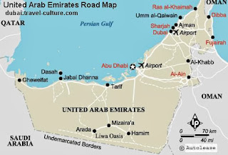 road map of the United Arab Emirates showing the triangle of Abu Dhabi, Dubai, and Al Ain from http://dubai.travel-culture.com/uae_road_map.shtml