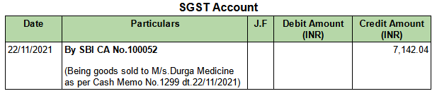 Cash Sale of Goods(Receipt through Bank Account) - Posting in SGST Ledger.