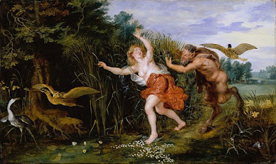 Pan y Siringa. Jan Brueghel El Joven y  Peter Paul Rubens. Primera mitad del s. XVII. Museo Estatal de Schwerin, (Alemania). https://pinceladasdelpasado.blogspot.com/2023/01/el-olimpo-y-sus-dioses.html