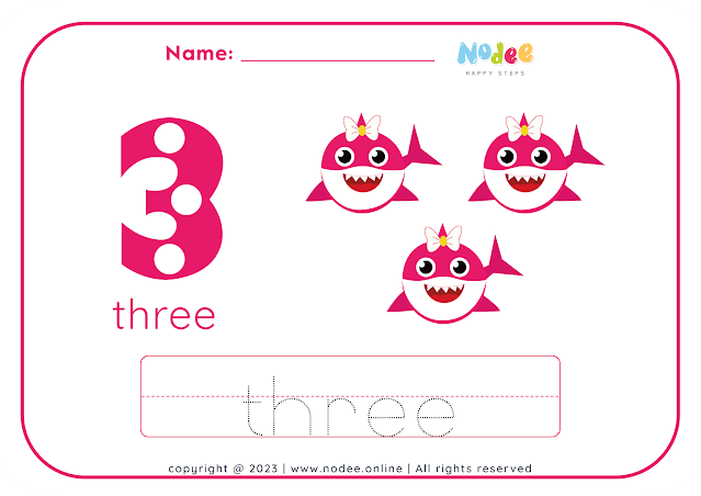 Number three worksheet - three baby sharks