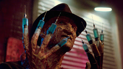 Movie scene where Freddy Kruger has needles for fingers in "Dream Warriors," the third Nightmare on Elm Street film