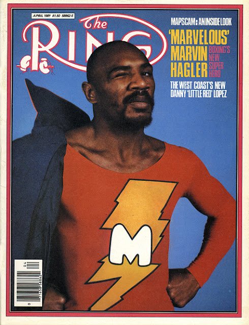 The original Ring magazine cover, dated April 1981, featuring Marvelous Marvin Hagler dressed as a version of Captain Marvel/Shazam. Photo credit: Jack Goodman