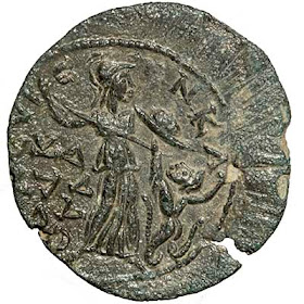 Bronze coin of Gallienus from Seleukeia ad Kalykadnon in Silicia showing Athena fighting a snake-legged giant.