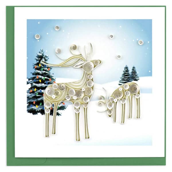 two fluffy white reindeer in snowy scene on square card with envelope