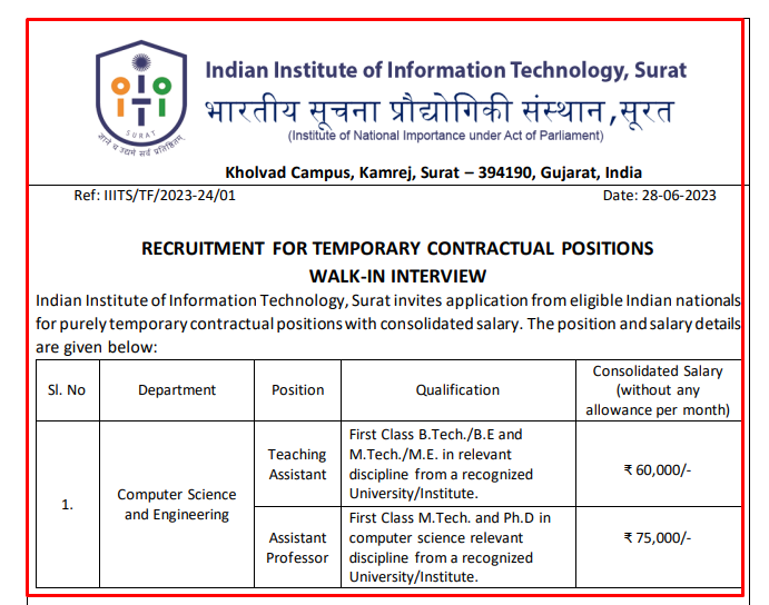 IIIT Surat Recruitment 2023 for Teaching Assistant and Assistant Professor Posts 2023