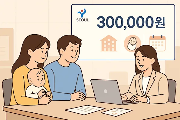 안내원에게 주거비 정책 안내를 받는 출산 가구