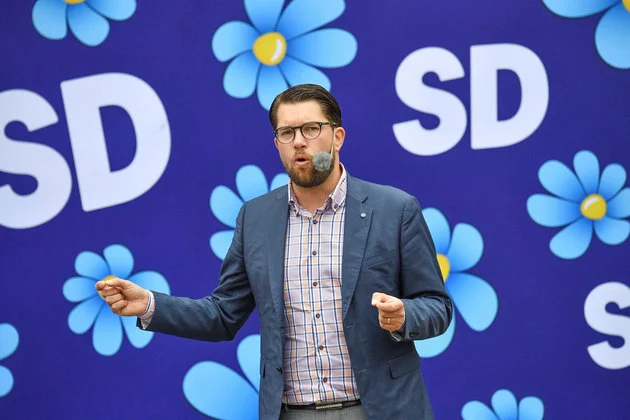 Sweden Democrats party leader Jimmie Akesson gives a speech in Landskrona, Sweden, on Aug. 31, 2018.