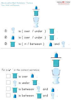 MamaLovePrint . Grade 1 Math Worksheets . Position - Over, Under and Between PDF Free Download (With Answer) 小一英文數學 前後中間