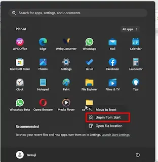 Menghilangkan atau Menghapus Folder Pada Menu Start Windows 11