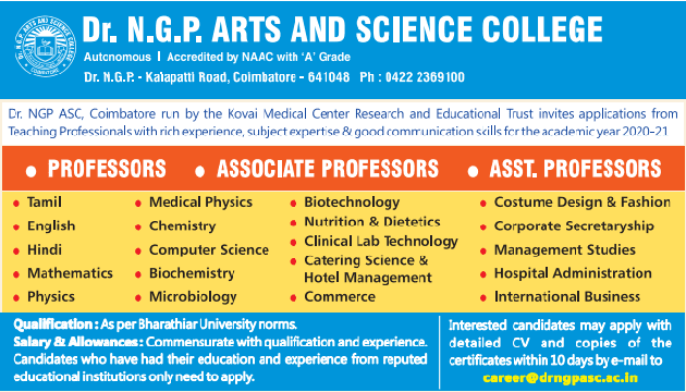  Dr NGP College Biotech/Microbiology/Biochemistry Faculty Jobs