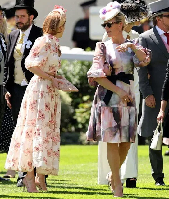 Zara Tindall, Princess Beatrice. Anna Mason Dahlia belted painterly minidress. Zimmermann rosa floral-print cotton shirt dress