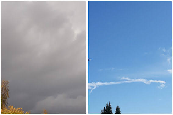 Yhdistetty kahden kuvan näkymistä: synkeän pilvisenä ja kirkkaan sinisenä.