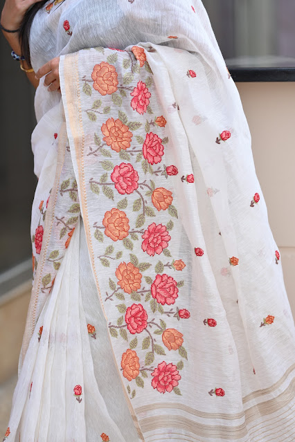 The White Linen Embroidered Saree: Timeless Elegance
