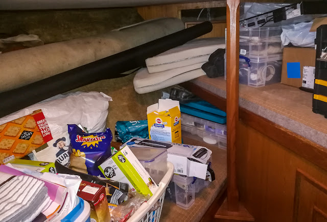 Photo of Ravensdale's forward cabin has become a store cupboard for stuff we can't find room for elsewhere