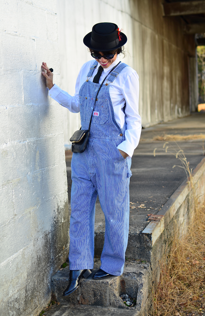 Railroad striped overalls outfit