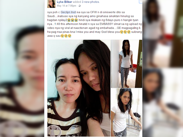 A Filipina who can barely walk allegedly due to the maltreatment and physical abuse of her employer. On a viral video that was uploaded by a certain Paulyn Adan that is making rounds on social media, her roommate recorded her while walking with utmost difficulty. On the said video, the OFW is asking for help because she cannot bear it anymore and she wants to go home.  According to another social media post from a certain Lyka Bilbar, Gecilyn Inot, an OFW from Dammam , Saudi Arabia was raped, beaten, fallen from the staircase that resulted her difficulty in walking. She also said that Inot has not been able to eat for 6 days before the embassy rescued her  at around 1;48 in the afternoon on May 14.  Mocha Uson Blog confirms that the OFW was already rescued by the embassy personnel. According to the message sent by OWWA Administrator Hans Leo Cacdac, they already brought the OFW to the hospital to undergo some tests especially on her bump on the head.     Another social media post confirms that Gecilyn is now in the Philippines and currently recovering at the Jose Reyes Memorial Hospital. The post said that she has already undergone CT Scan and X-ray tests. She arrived  at 1:45PM on May 17.  Cases of maltreatment to the OFWs in Saudi Arabia can be found in the news almost everyday for years thus the call to stop sending HSWs in the Middle East especially in Saudi Arabia and Kuwait has been a constant cry of different OFW groups to prevent more maltreatment like this from happening.