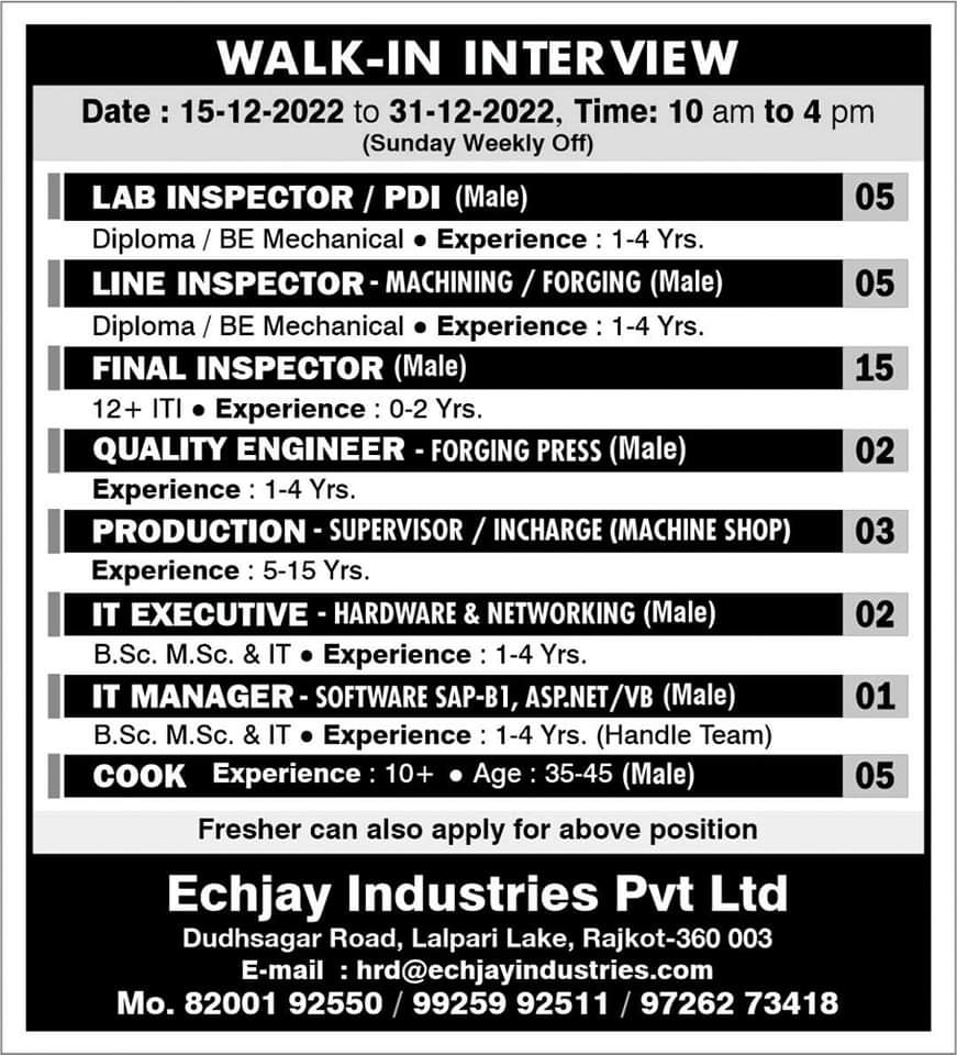 Echjay Industries Pvt Ltd job Vacancy 2022