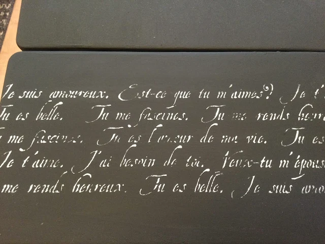 Photo of a French script stencil on the typing table leaf