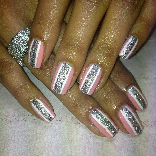 Clear acrylic extensions for length LED polish manicure in 'hint of blush pink' and metallic silver with white lining acrylic backfill LED polish  Pedicure Gel-Nails-Polish-LED-Polish-LED-Nails-Acrylic-Nails-Nail-Art