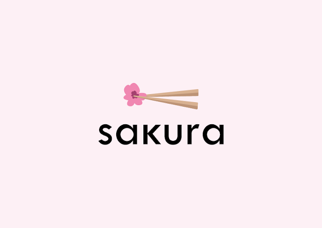 Image description: the word SAKURA in black lowercase, above it, there's a cherry flower being held by chopsticks. End description