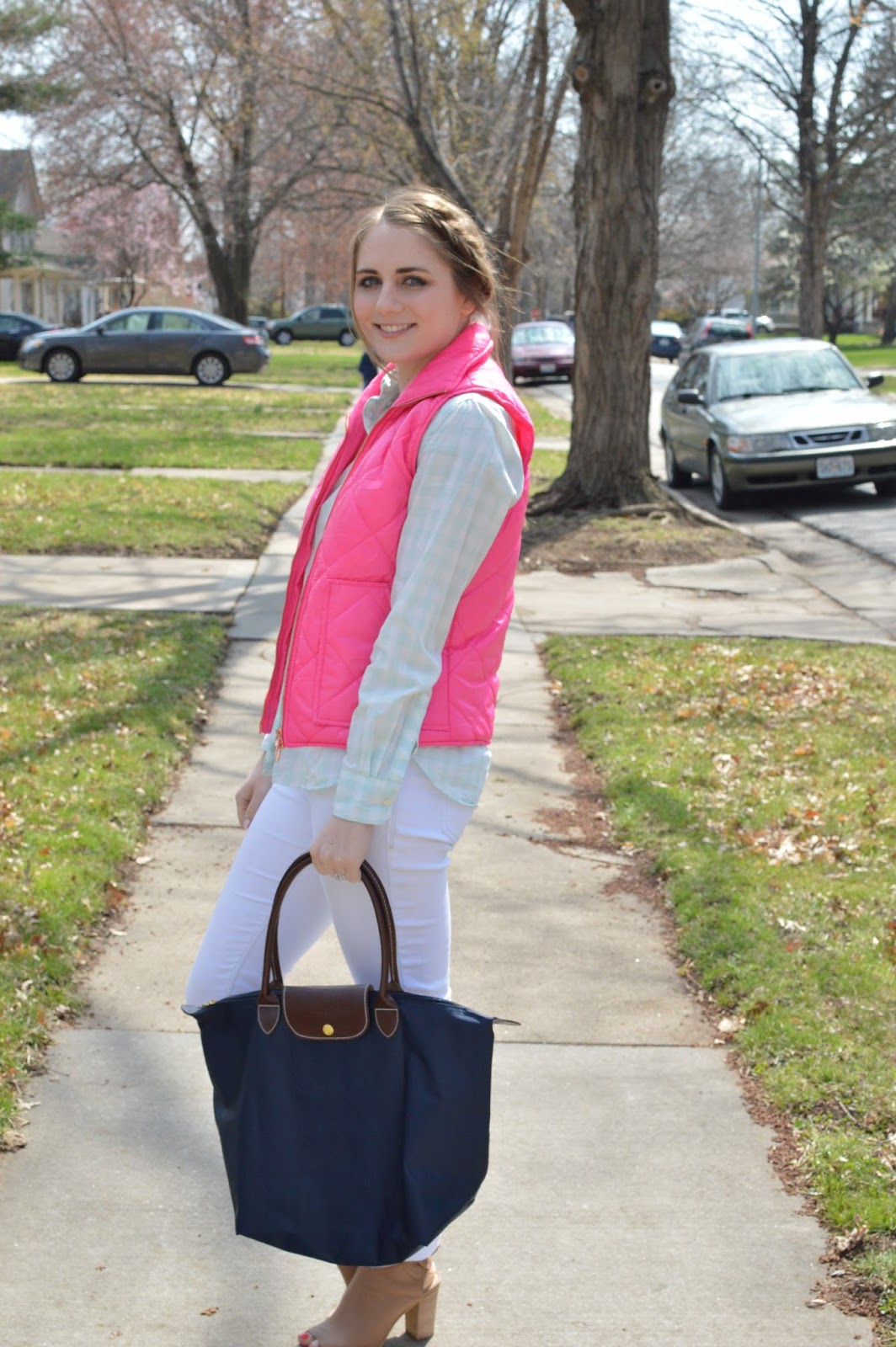 preppy for spring | pink and mint | what to wear with white jeans | pink vest outfit ideas | mint gingham top | preppy outfit ideas | spring looks | spring fashion | street style  | a memory of us 