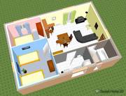 planta 3D de uma casa com banheiro e sala de estar