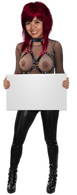 Girl with black fishnet big tits holding sign PNG