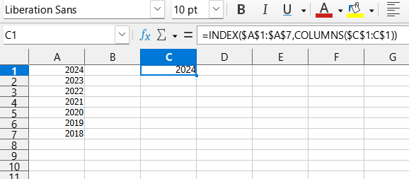 Cómo transponer una columna en una fila en LibreOffice usando una fórmula (archivo formato .ods)