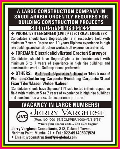 Large Construction Company construction project Job Vacancies for KSA