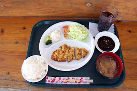 pork cutlet, tray, soup, salad, rice