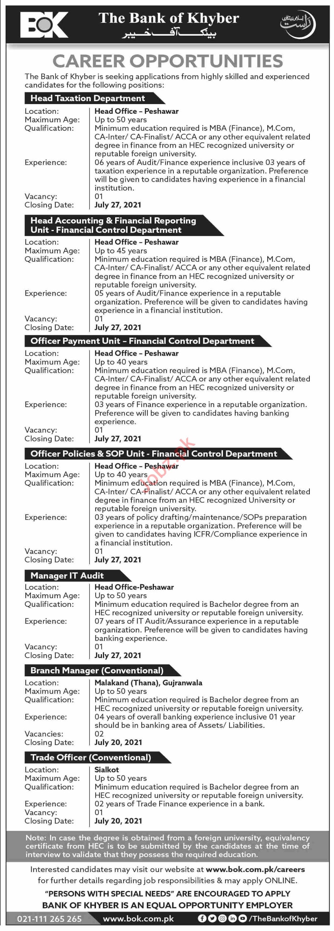 Jobs in The Bank of Khyber BOK