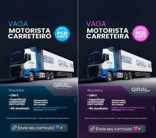 Anúncio de vagas para motoristas na Transportes Gral