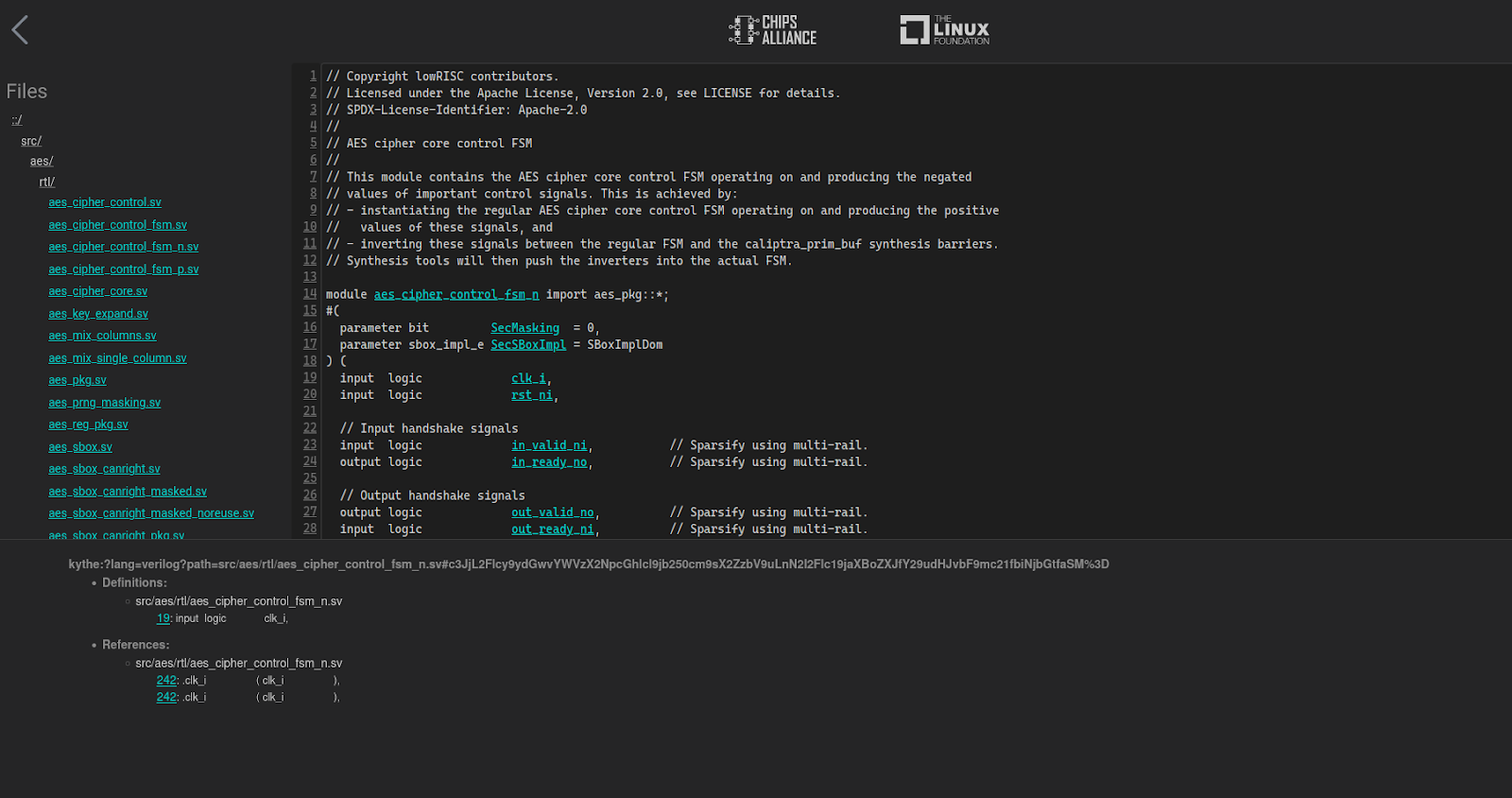 Example from Caliptra-RTL Code Navigator demonstrating visual representation of the project structure (left pane), code browser (right pane) and usage of active references (bottom pane)