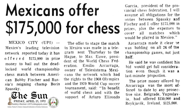Mexicans Offer $175,000 for Chess