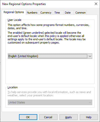 Screenshot of enabled Regional Options with green underline