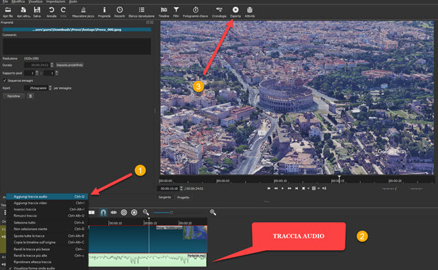 come aggiungere audio alla animazione di google earth studio