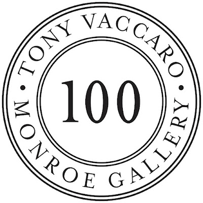 Graphic with Monroe Gallery - Tony Vaccaro in circle around the number 100