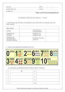 ATIVIDADES REMOTAS MATEMÁTICA – 1º ANO