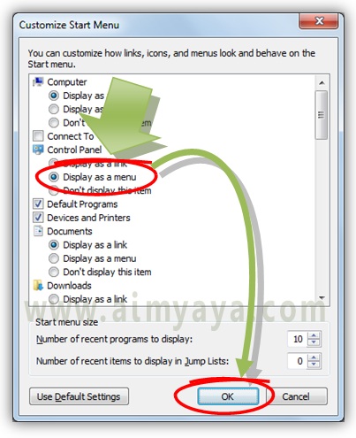  Gambar: Memilih opsi menampilkan Control Panel sebagai menu di Windows 7