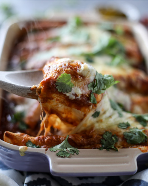 CHEESY PORK ENCHILADAS WITH 10 MINUTE SMOKY ENCHILADA SAUCE.