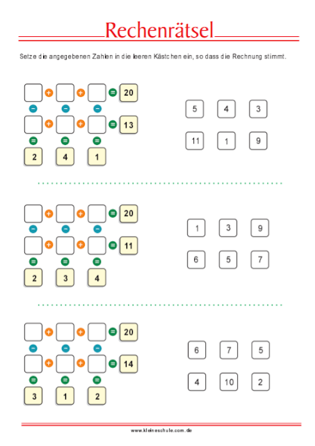 Matheaufgaben für 1. Klasse Grundschule Gemischte Aufgaben