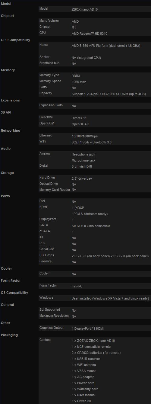 Spesifikasi ZOTAC ZBOX Nano AD10 Plus Mini PC