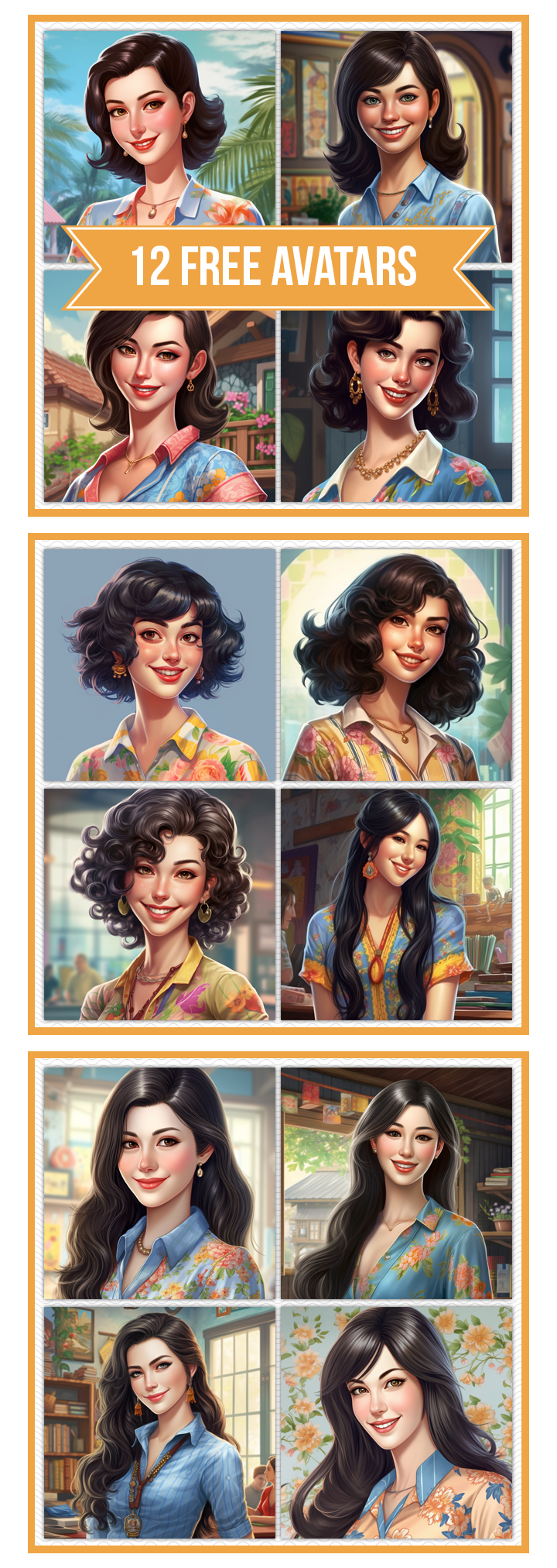 12 illustrations of a brunette woman character graphic