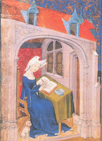 Painting credit:  Melissa Snell, 'Christine Writing' a painting of Christine de Piza (1363–c.1434), a feminist writer who made a living at her desk.