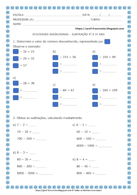 Atividades Assíncronas – Subtração 4º e 5º ano