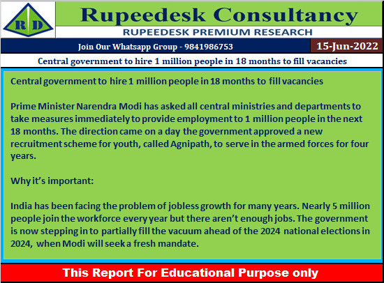 Central government to hire 1 million people in 18 months to fill vacancies - Rupeedesk Reports - 15.06.2022