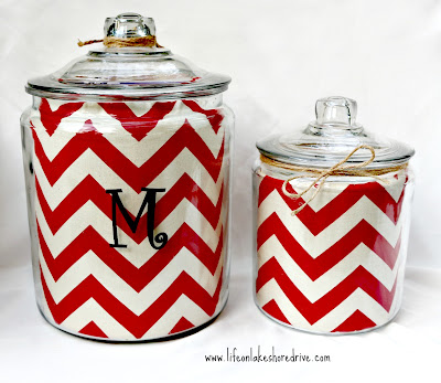 DIY Easy Chevron Lined Glass Cannister Makeover with Twine Trim   Life on Lakeshore Drive